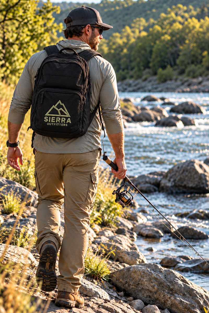 Woman in a rain shell carrying a black backpack on a river bank, with a red hook logo embroidered on the back panel