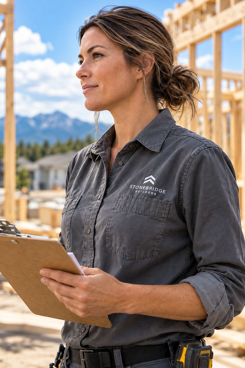 Woman in a grey long sleeve work shirt with a chevron logo embroidered on the left chest, on a job site